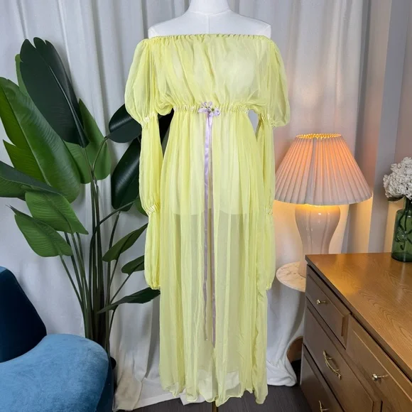 Vintage 1960s Sheer Lemon Nylon Peignoir Gown w/ Lilac Ribbon Rosette sz M/L - Picture 9 of 10